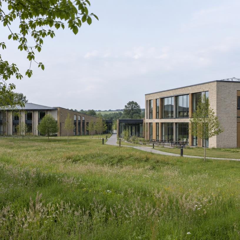 Modern school buildings in a rural setting